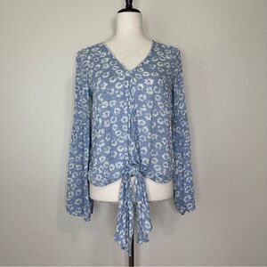 Everly Floral Blue Front Tie Swiss Dot Flared Sleeves Top, Size Small